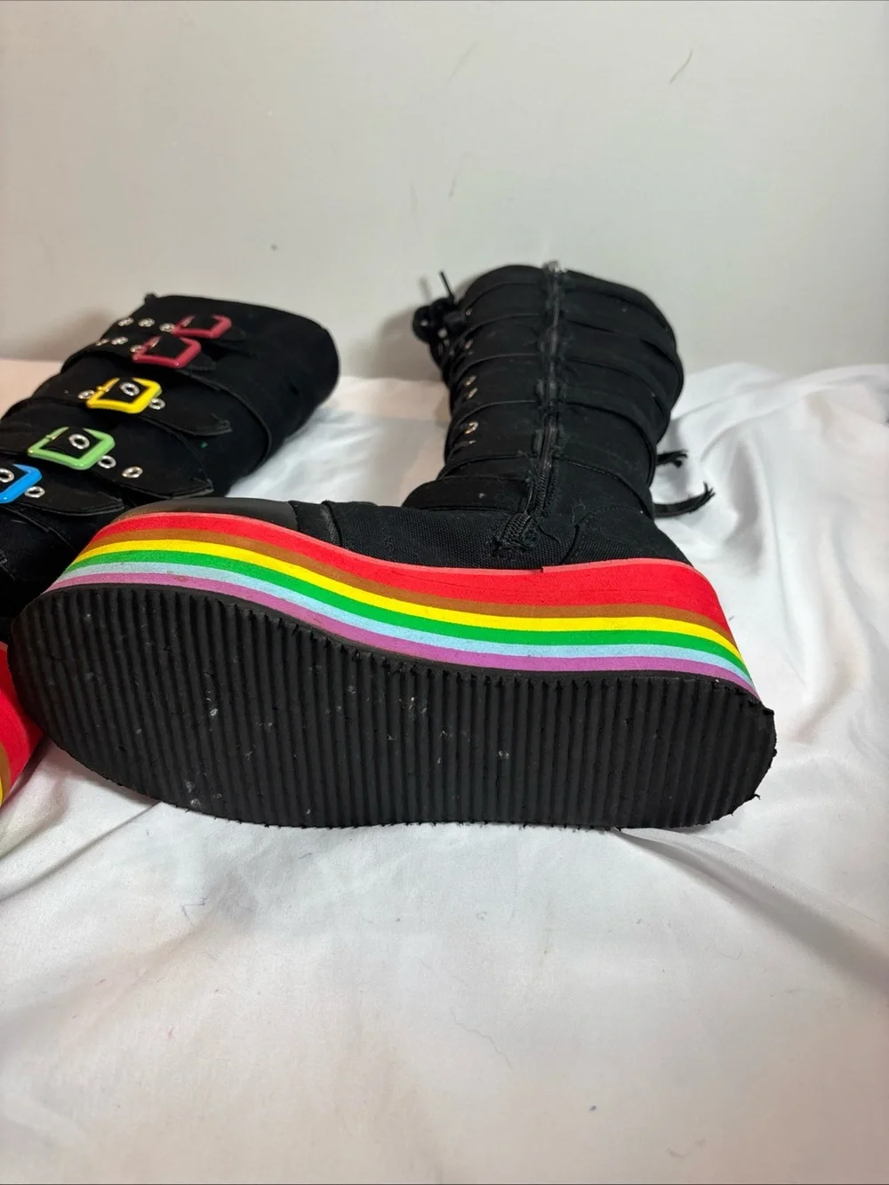 Black Lace-Up Platform Boots with Rainbow Sole